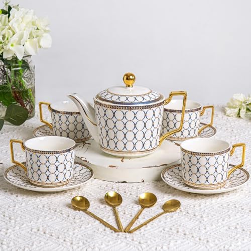 7 Oz Bone China Blue Tea Cup and Saucer Service for 4, Afternoon Porcelain Tea Set with Teapot, Tea Sets For Women Tea Party. by HappleCwlwgoHome