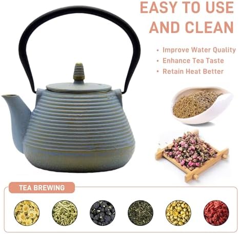 Teapot with Stainless Steel Infuser for Loose Tea, Cast Iron Tea Kettle for Stovetop Safe, Cast Iron Teapot Coated with Enameled Interior(33.8oz/1000ml) - Image 4