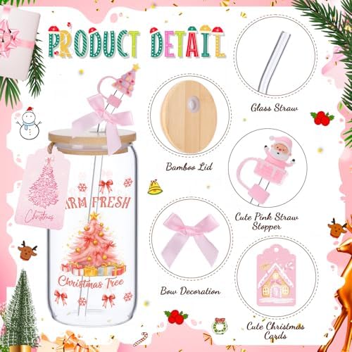 Vesici 6 Set Christmas Glasses Cups 16 oz Xmas Drink Cup with Lid Straw and Stopper Can Shaped Beer Tumbler Christmas Pink Appreciation Gifts with Cards and Bow for Women Birthday Party Favor - Image 3