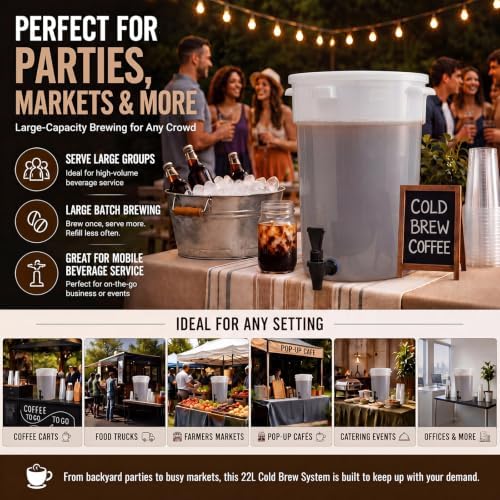5.8 Gallon Cold Brew Coffee Maker Low Acid Commercial Cold Brew System Set with Dual Filtration Large Bucket with Spigot, 20 Filter Paper, 1 Cotton Filter Bag & Stainless Steel Holder - Image 4