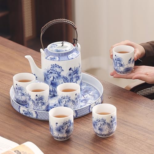 Enamel Ceramic Tea Set, Large-capacity Portable Teapot, Blue and White Porcelain Thin-walled Teacups with Tray, Perfect for Father's Day, Mother's Day, Birthdays, and Christmas - Image 3