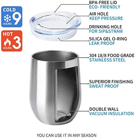 HASLE OUTFITTERS 12oz Wine Tumbler with Lid Stemless Wine Glasses Double Wall Vacuum Travel Mugs stainless steel Coffee Cup for Cold & Hot Drinks Wine Coffee Cocktails Beer 6 Pack Stainless Steel - Image 5