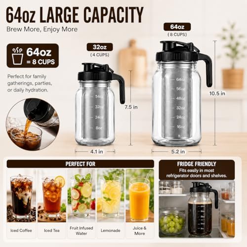 Cold Brew Coffee Maker Glass 64 Oz Mason Jar Pitcher With Stainless Steel Filter,Heavy Duty Glass Mason Pitcher With Spout Lid for Iced Coffee,Tea And Lemonade (Blue Handle Cover,64 oz) - Image 4