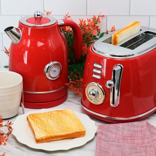 1.8 Quart Electric Tea Kettle and 2 Slice Toaster Combo, Retro Kitchen Appliance Set with Adjustable Browning and Water Temperature Gauge (Red) - Image 2