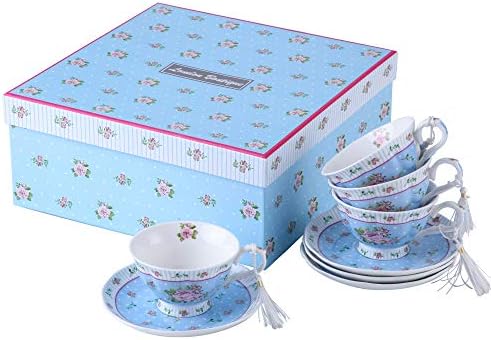 London Boutique Coffee Tea Cup and Saucer Set 4 Shabby Chic Vintage Porcelain Bird Butterfly Flora Gift Box 7.5OZ (Rose Blue) by LondonBoutique