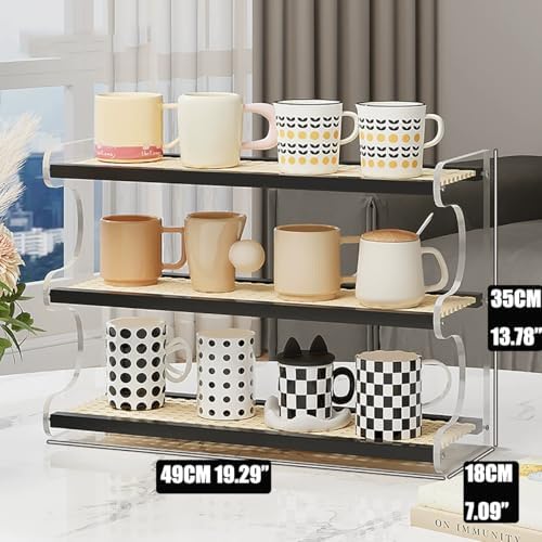 3-Tier Mug Holder Countertop,Wooden Rattan-Look Coffee Station Shelf, Cup Holder Mug Display Rack for Home Kitchen,Black,19.29" - Image 2