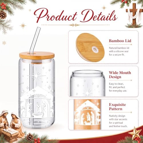 Fulmoon 6 Pcs 16 oz Nativity Scene Christmas Glass Cups with Lid and Straw - Image 2
