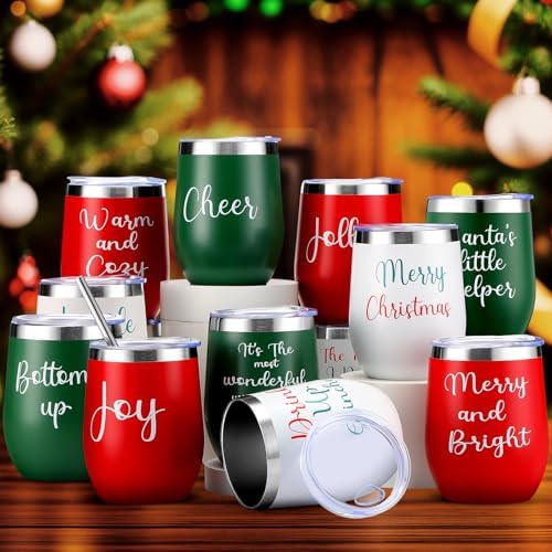 Ziliny 12 Pcs Christmas Wine Tumbler Set 12 Oz Insulated with Lid,Texts by Ziliny