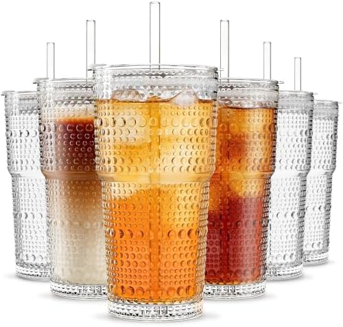 INSETLAN Iced Coffee Cups with Lids and Straws, 20 oz Hobnail Glass Tumbler by INSETLAN