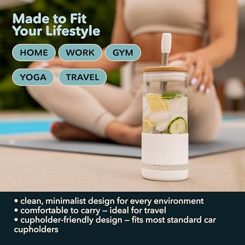 Pandaloo® Glass Cups With Lids and Straws -20 Fl Oz- Perfect Size Iced Coffee Cup - Smoothie Cup With Bamboo Lid and On the go Lid - Glass Tumbler (2 Count (Pack of 1), Amber Sand-Coton White) - Image 6