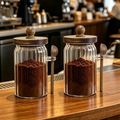 Vintage Glass Jar with Wooden Spoon&Lid,26 fl.oz Coffee Canister Set of 2 - Image 6