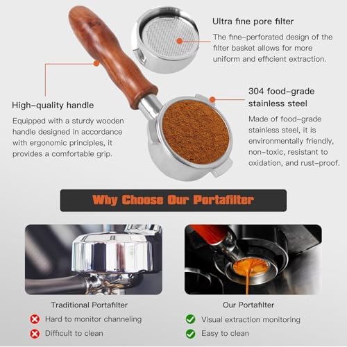 54mm Portafilter Upgrade for Breville - Bottomless Design with Stainless Steel Construction and Wood Handle - Image 6
