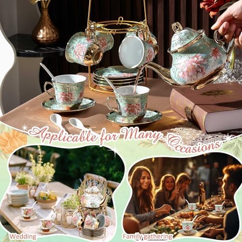 Zhehao 40 Pcs Porcelain Tea Set for Adult, with Metal Holder, Royal - Image 5