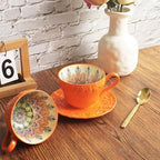 Ceramic Tea Cups and Saucers Set of 6 (7 oz),Ceramic teacup set,Bohemian Ceramic Coffee Cup embossed design,Suitable for tea, milk, coffee - Image 5