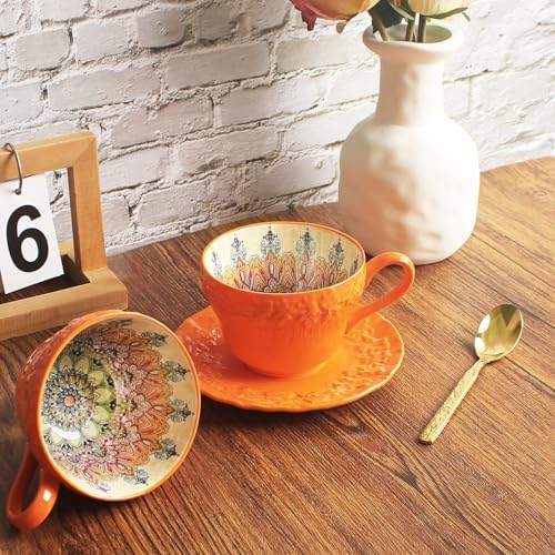 Ceramic Tea Cups and Saucers Set of 6 (7 oz),Ceramic teacup set,Bohemian Ceramic Coffee Cup embossed design,Suitable for tea, milk, coffee - Image 5
