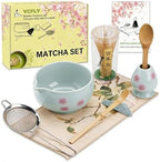 Matcha Whisk Set,8 Pcs Ceramic Matcha Set,Matcha Kit for Matcha Lovers,Tradition Tea Set Includes Bowl,Bamboo Whisk and Holder,Scoop,Sifter and Towel,Gift for Family and Friend (Light blue) by Unknown