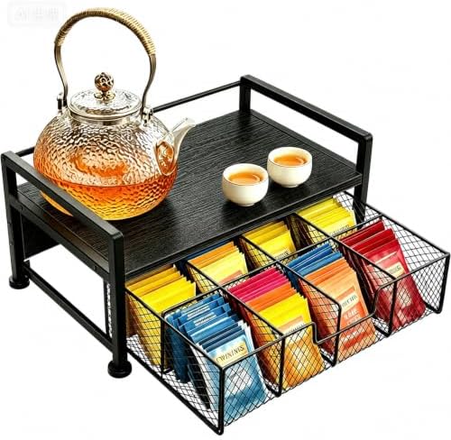 Tea Bag Organizer, Wooden Tea Box with Drawer and Top Tray, Black by Unknown