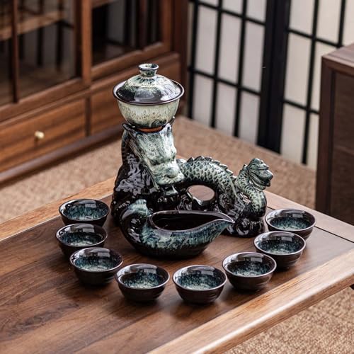 Ceramic Teapot with Infuser Semi Automatic Tea Set Magic Teapot with 8 cups Gradient Color (Gradient Dragon- C) by zurucily
