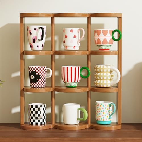 Wooden Coffee Mug Display Rack, Countertop Freestanding Grid Vintage Coffee Cup Display Stand, Rustic Coffee Mug Holder Organizer for Kitchen, Coffee Station,9 Grid - Image 2