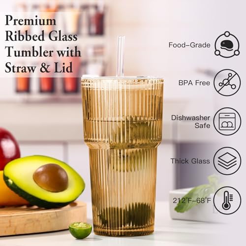 Amber Drinking Glasses，4PCS Amber Ribbed Glass Cups with Lids and Straws, 20oz Vintage Drinking Glasses, Aesthetic Iced Coffee Cups, Brown Yellow Glass Cup - Image 2