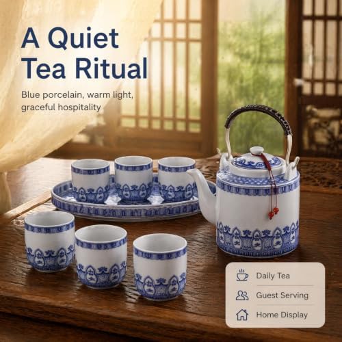 Jingdezhen Blue and White Ceramic Tea Set, Traditional Chinese Porcelain Teaset with 1 Teapot, 6 Teacups, Ceramic Tray, Stainless Steel Infuser & Gift Box - Image 4