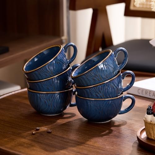 Coffeezone Set of 6 Vintage Design 12 oz Professional Barista Ceramic Latte Art Cappuccino Cups Set (Wave Blue) - Image 4