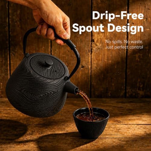 Cast Iron Teapot 34 oz (1000 ml) with Infuser, Water Wave Design, Black - Image 7