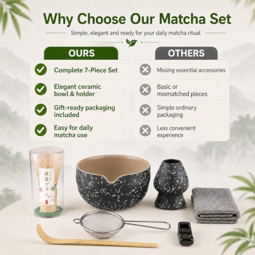 7PCS Matcha Set, Matcha Making Kit Includes Matcha Whisk and Bowl, Tea Lid, Scoop, Strainer and Match Whisk Holder, Tea Towel, Matcha Whisk Set for Matcha Lovers (Black) - Image 6