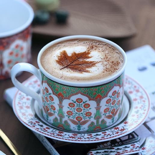 Turkish Ceramic Coffee Cups with Saucers Green Flower Tea Cups Set - Image 2