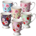 BTaT- Coffee Mugs, 12 oz, Set of 6, Floral Mugs, Porcelain Bone China, Coffee Cups by BrewToATea