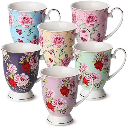 BTaT- Coffee Mugs, 12 oz, Set of 6, Floral Mugs, Porcelain Bone China, Coffee Cups by BrewToATea