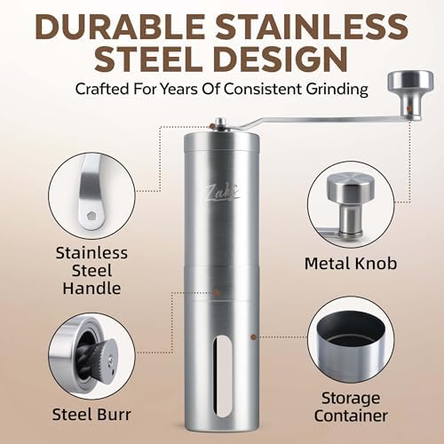 ZaksCoffee Manual Coffee Grinder Stainless Steel Core – Hand Coffee Grinder with 11 Adjustable Settings, Durable Handle and Knob, Portable and Quiet Design for Travel or Home Brewing - Image 2