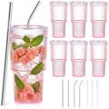 6 Pcs 20oz Acrylic Ribbed Tumblers with Lid and Straws Pink Plastic Reusable Iced Coffee Cups with Lid Unbreakable Vintage Ribbed Drinking Glasses Tumbler for Juice Smoothie Beverage with Clean Brush by SMAODSGN