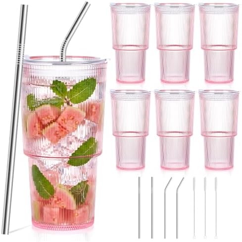 6 Pcs 20oz Acrylic Ribbed Tumblers with Lid and Straws Pink Plastic Reusable Iced Coffee Cups with Lid Unbreakable Vintage Ribbed Drinking Glasses Tumbler for Juice Smoothie Beverage with Clean Brush by SMAODSGN