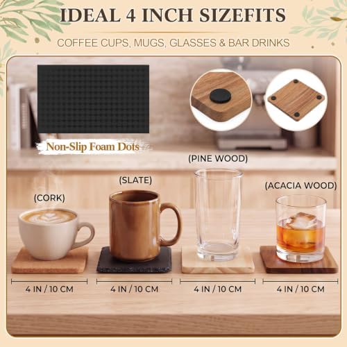 Ferrochef 150 Pcs Wooden Coasters for Craft Unfinished Coasters Bulk 4 Inch Square Coaster Include Acacia Slate Cork Pine for DIY Stained Painting Crafts Wood Laser Engraving Home Favors - Image 5