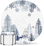 Winter Forest Coasters for Drinks, Sets of 8 with Holder Natural Pine Trees Snowflakes Deer Blue Absorbent Ceramic Coaster with Cork Base Decor for Wooden Table & Bar, Housewarming Gift Home Decor by TSRSUNFLOWER