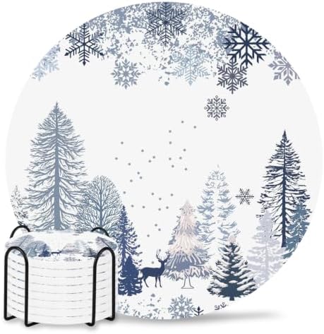 Winter Forest Coasters for Drinks, Sets of 8 with Holder Natural Pine Trees Snowflakes Deer Blue Absorbent Ceramic Coaster with Cork Base Decor for Wooden Table & Bar, Housewarming Gift Home Decor by TSRSUNFLOWER