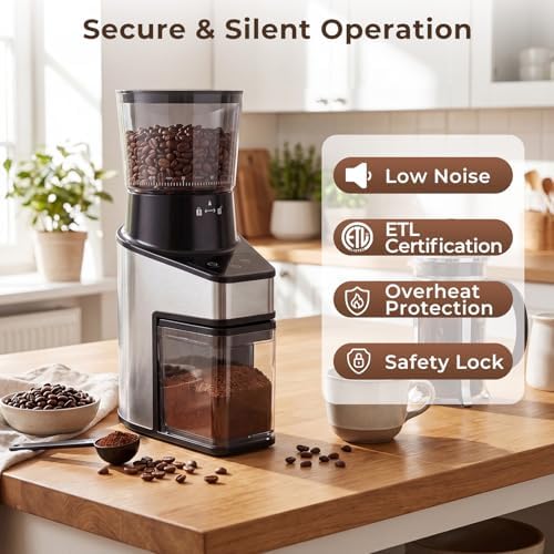 Conical Burr Coffee Grinder, Electric Espresso Machine w/ 60 Grind Settings, 1-8 Cups Capacity & 1-60s Timer, Brush & Tong, Anti-Static, Stainless Steel Coffee Bean Grinder for Home Office - Image 7