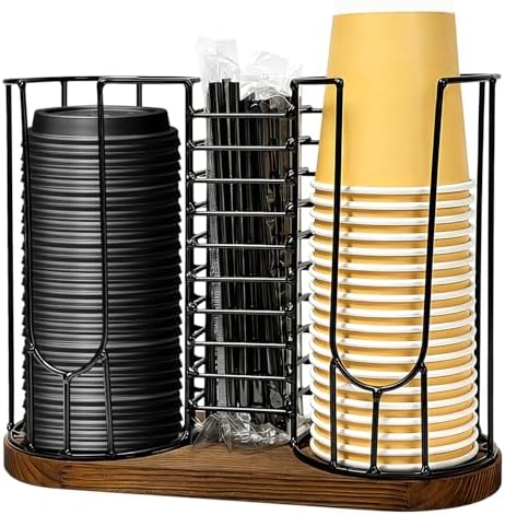 Coffee Cup Holder,18oz Cup and Lid Organizer, Cup Dispenser Rack with Wood Base, Suitable for Countertop Use, Kitchen, Coffee Bar，Storing Paper Cups, Straws, Lids, Tea Bags(3-Compartment) by Unknown