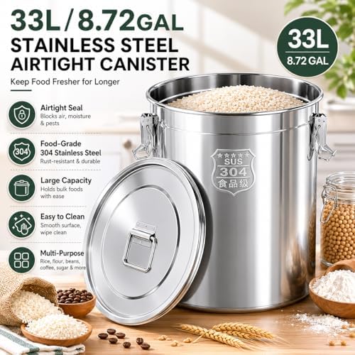 33L/8.72gal Stainless Steel Airtight Canister, Food Storage Canisters with Airtight Lid&Locking Clamp, Rice Cereal Grain Canisters Container, Storager Bucket for Flour, Coffee Bean, Sugar, Cookie - Image 3