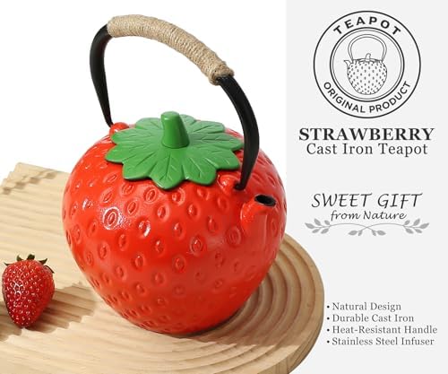 VICSKY Strawberry Cast Iron Teapot (Red) - Japanese Tetsubin Tea Kettle 50oz/1500ml | Enameled Interior & Extended Infuser for Loose Leaf and Tea Bags | Stovetop Safe | Cute Sweet Holiday - Image 2