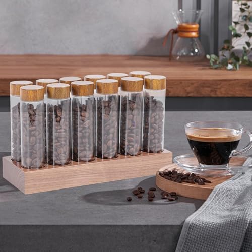 Coffee Bean Container, Single Dose Coffee Bean Storage, 12 Tubes Glass Storage with Wooden Stand, Leakproof Moisture-Proof Espresso with Lids for Tea, Spices - Image 7