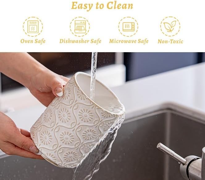 TEATALK Ceramic Utensil Holder Set, 360° Rotating Organizer for Countertop, Farmhouse Vintage Style, Large and Small Crocks in White, 7.7"+5.7" - Image 6