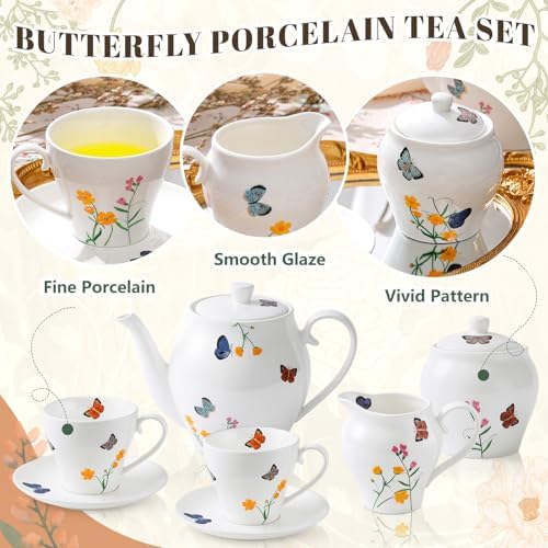 Zhehao 7-Piece British Porcelain Tea Set for Adults, Vintage Butterfly Floral Tea Party Set with 32oz Teapot, 7oz Cups and Saucers Creamer Sweet Bowl, Elegant Luxury Gift for Women Wedding Birthday - Image 6