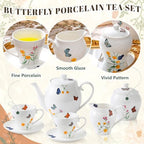Zhehao 7-Piece British Porcelain Tea Set for Adults, Vintage Butterfly Floral Tea Party Set with 32oz Teapot, 7oz Cups and Saucers Creamer Sweet Bowl, Elegant Luxury Gift for Women Wedding Birthday - Image 6