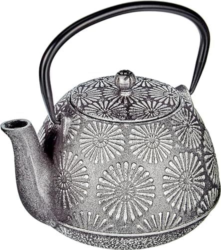 IBILI 40 Oz Bali Cast Iron Teapot | Made in Spain | Stainless Steel Infuser, Enameled Interior, Stovetop & Induction Compatible, Japanese Kettle for Loose Leaf Tea, Tetsubin Design, Silver by IBILI