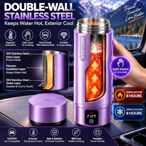 Vacuum Insulated Car Electric Kettle,Miicasa Stainless Steel Tumbler Car Water Heater,12V/24V Water Boiler with 6 Temperature and Auto Shut-Off Boil Dry - Image 3