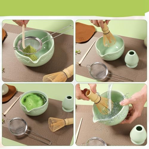 Ceramic matcha agitator, Matcha Whisk and Bowl Tea Set 5Pcs Ceremony Chasen Tool Stand for Beginners Kit(Dark matcha) - Image 5