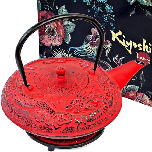 40 Oz Red Dragon Cast Iron Teapot, Enamel Interior, Infuser & Trivet by KIYOSHILuxury