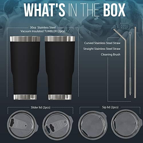 BluePeak Double Wall Vacuum Stainless Steel Insulated Tumblers Set, 2-Pack - Includes 2 Sipping Lids, 2 Spill-Proof Sliding Lids, 2 Straws, 1 Cleaning Brush & Gift Box (30 oz, Black) - Image 4